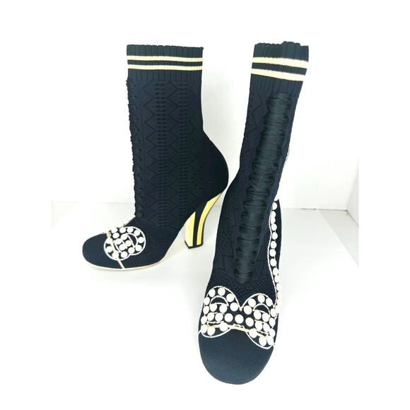 Fendi Rockoko Pearl Embellished Black Stretch Sock Boots 105mm Heels Size 37 - Picture 3 of 13